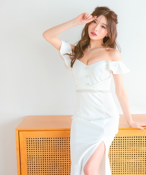 Tika(ティカ)の「キャバドレス ロング タイト 谷間 オフショルダー 大きいサイズ シンプル スリット ストレッチ パール ビジュードレス(ドレス・レディース・ブラック/ホワイト・L/M/S/XL/XXL)」の7枚目の写真