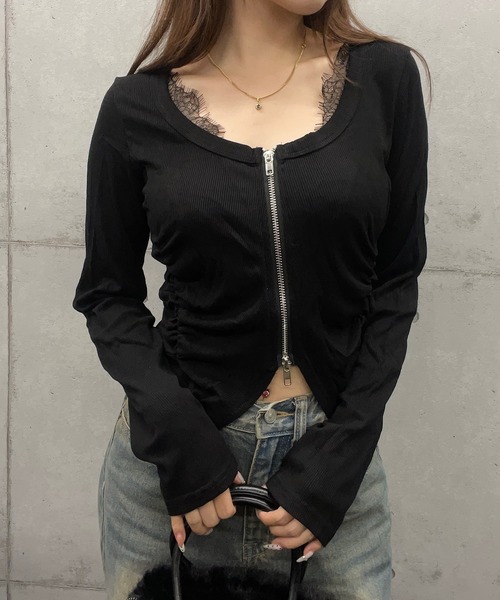 ROGER AND RAW(ロジャーアンドロウ)の「ショート丈リブシャーリングトップス/長袖/ロンT(Tシャツ/カットソー・レディース・ブラック/ホワイト・FREE)」の2枚目の写真