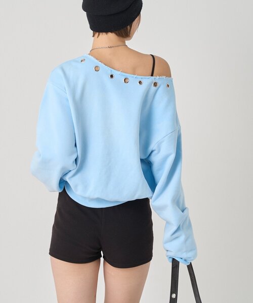 WHO'S WHO gallery（フーズフーギャラリー）の「アイレットオフショルロゴスウェット（スウェット・レディース・ネイビー/チャコールグレー/ライトグレー/カーキ/オレンジ/サックスブルー・FREE）」の8枚目の写真