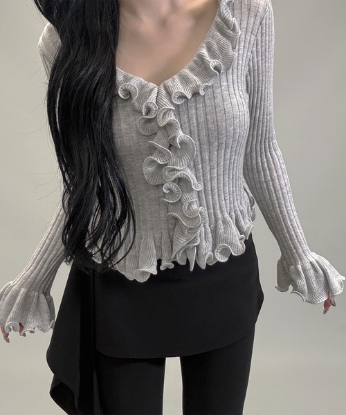 5color/フリルリブシアーニットカーディガン（カーディガン/ボレロ