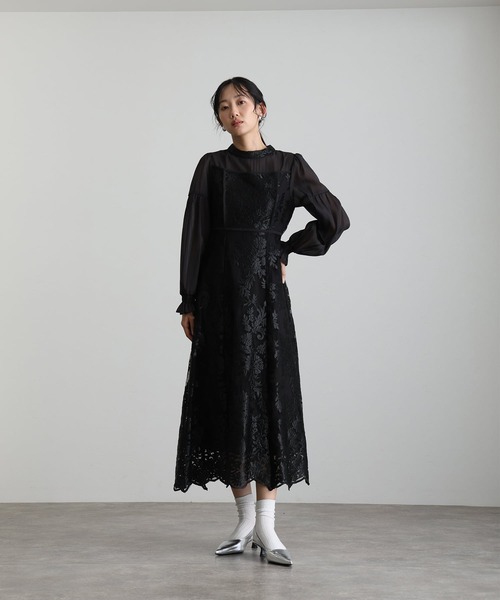 atlo(アトロ)の「ミモレ丈&袖あり フォーマル Aライン キャンディスリーブ シアースカラップセレモニー 結婚式 二次会 パーティー ドレス オケージョンドレス お呼ばれ 同窓会 成人式 (ドレス・レディース・ブラック/ベージュ/グレー・M)」の2枚目の写真