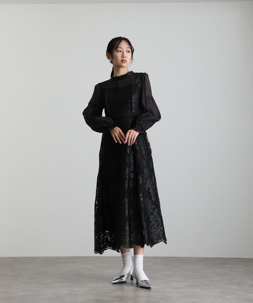atlo(アトロ)の「ミモレ丈&袖あり フォーマル Aライン キャンディスリーブ シアースカラップセレモニー 結婚式 二次会 パーティー ドレス オケージョンドレス お呼ばれ 同窓会 成人式 (ドレス・レディース・ブラック/ベージュ/グレー・M)」の9枚目の写真