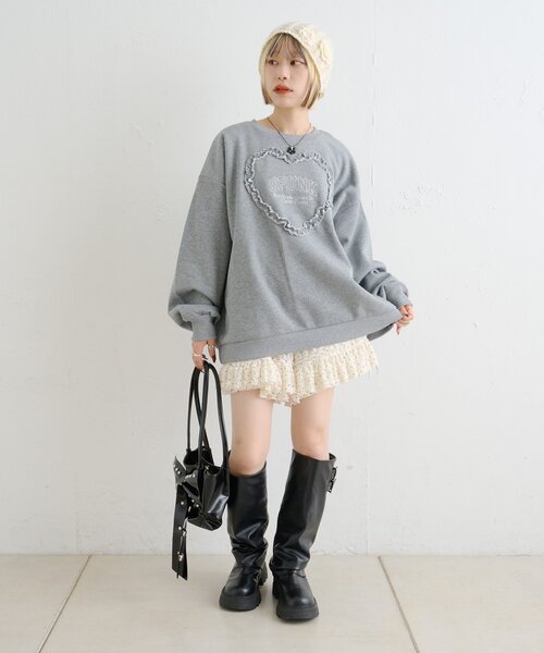 アルベロベロ♥️ぶたさん ハート型アップリケ ビーズ グレー フリル