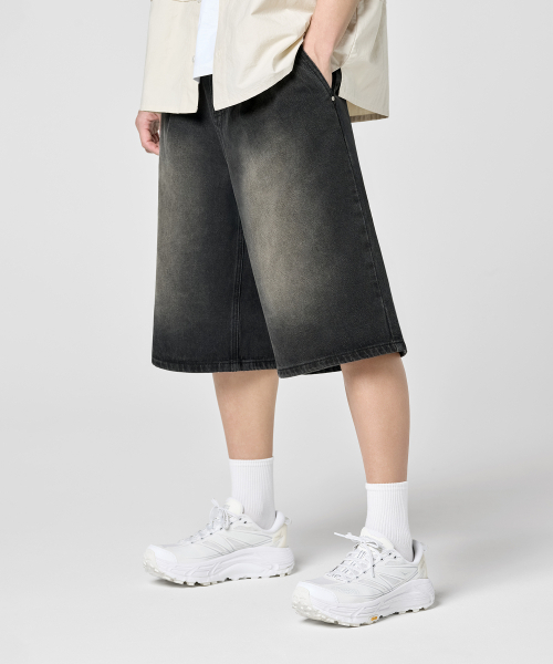 セール】ワンタックワイドスラブウォッシングデニムバミューダショーツ