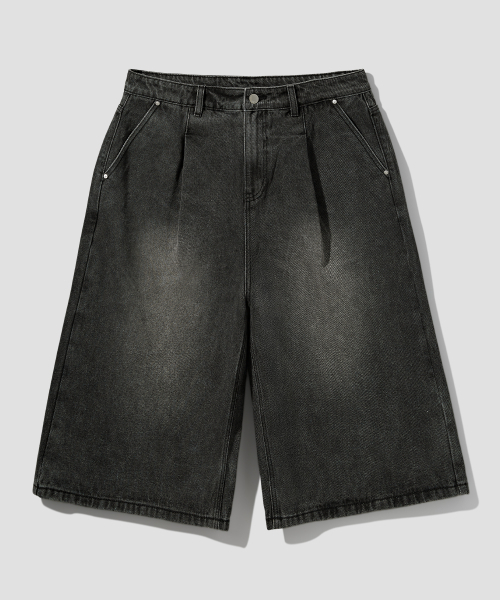 セール】ワンタックワイドスラブウォッシングデニムバミューダショーツ