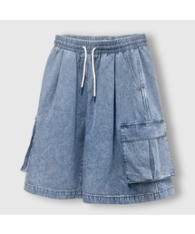 BERMUDA WIDE ONE-TUCK CARGO DENIM SHORTS [LIGHT BLUE]