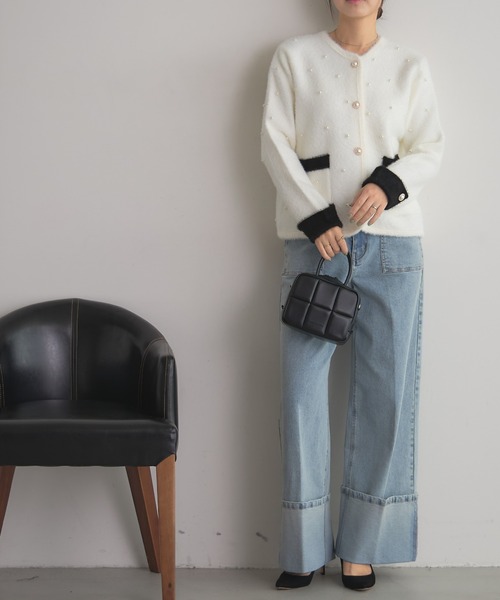 deux amour(ドゥーザムール)の「パール付きニットジャケット(Tシャツ/カットソー・レディース・ブラック/ホワイト・M~L)」の7枚目の写真