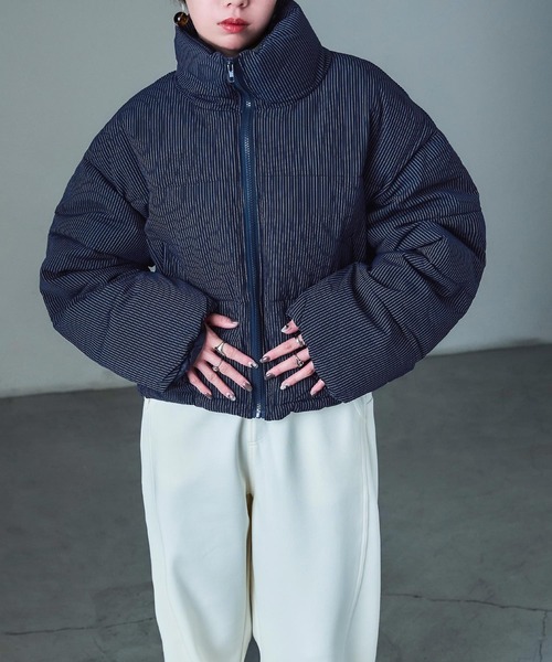 Fashion Letter(ファッションレター)の「ストライプ ショート丈 パフジャケット(ダウンジャケット/コート・レディース・ネイビー・FREE)」の7枚目の写真
