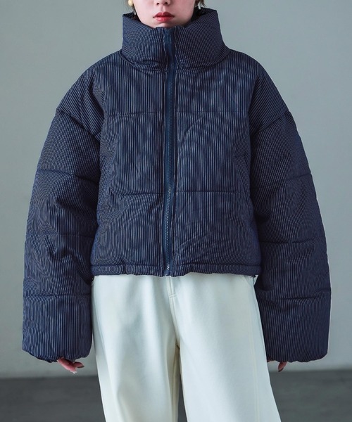Fashion Letter(ファッションレター)の「ストライプ ショート丈 パフジャケット(ダウンジャケット/コート・レディース・ネイビー・FREE)」の10枚目の写真