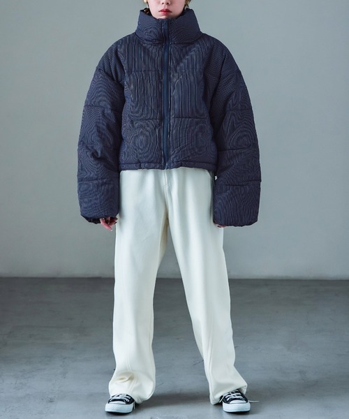 Fashion Letter(ファッションレター)の「ストライプ ショート丈 パフジャケット(ダウンジャケット/コート・レディース・ネイビー・FREE)」の11枚目の写真