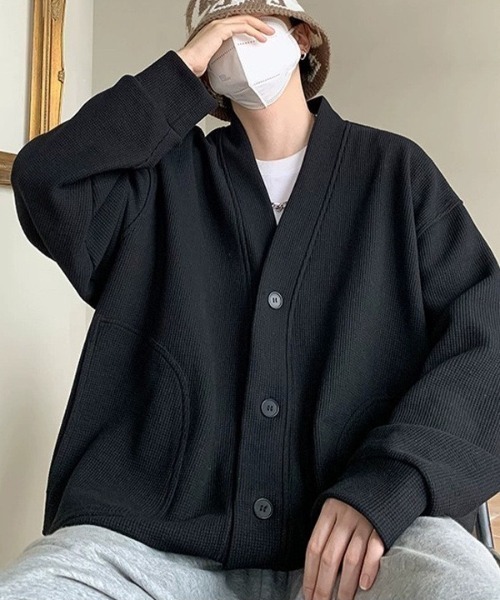 WYZ wear(ダブリューワイジィーウェア)の「オーバーサイズワッフルスウェットカーディガン/ユニセックス(カーディガン/ボレロ・メンズ・グレー/ブラック・M/L/XL)」の5枚目の写真