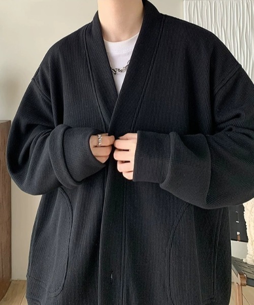 WYZ wear(ダブリューワイジィーウェア)の「オーバーサイズワッフルスウェットカーディガン/ユニセックス(カーディガン/ボレロ・メンズ・グレー/ブラック・M/L/XL)」の6枚目の写真