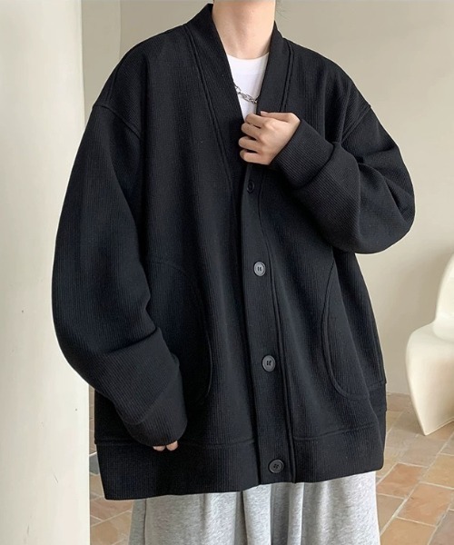 WYZ wear(ダブリューワイジィーウェア)の「オーバーサイズワッフルスウェットカーディガン/ユニセックス(カーディガン/ボレロ・メンズ・グレー/ブラック・M/L/XL)」の4枚目の写真