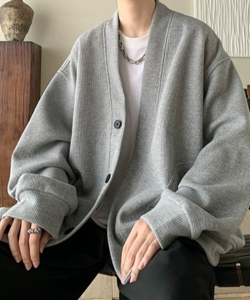 WYZ wear(ダブリューワイジィーウェア)の「オーバーサイズワッフルスウェットカーディガン/ユニセックス(カーディガン/ボレロ・メンズ・グレー/ブラック・M/L/XL)」の13枚目の写真