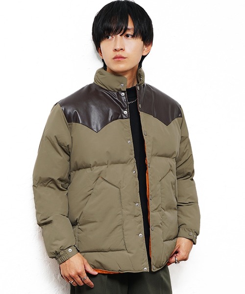 MinoriTY select】PUレザーヨークデザイン切り替え配色中綿ブルゾン