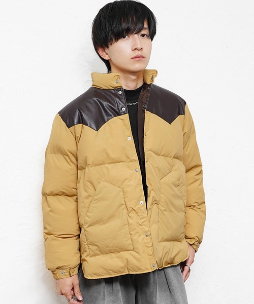 MinoriTY(マイノリティ)の「【MinoriTY select】PUレザーヨークデザイン切り替え配色中綿ブルゾン ダウンライク ジャケット メンズ ヘビーアウター 冬服 オーバーサイズ ルーズフィット ビッグシルエット(ダウンジャケット/コート・メンズ・マスタード/ブラック/カーキ・M/L)」の10枚目の写真