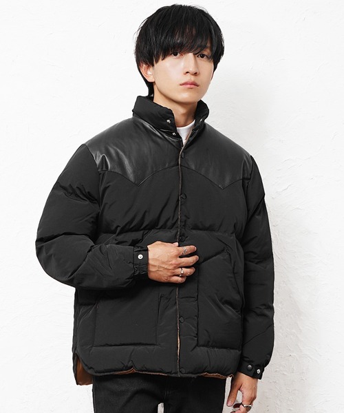 MinoriTY select】PUレザーヨークデザイン切り替え配色中綿ブルゾン