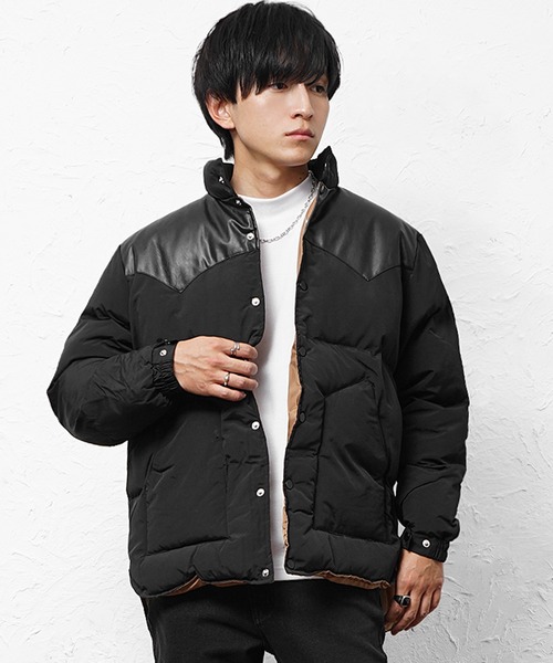 MinoriTY select】PUレザーヨークデザイン切り替え配色中綿ブルゾン