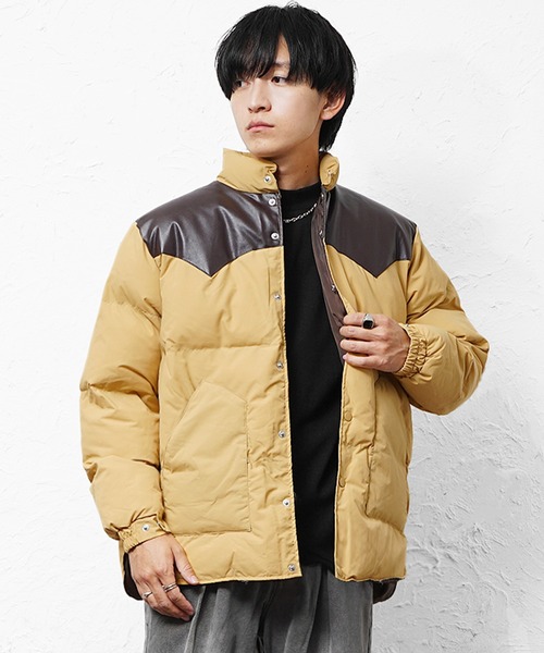 MinoriTY(マイノリティ)の「【MinoriTY select】PUレザーヨークデザイン切り替え配色中綿ブルゾン ダウンライク ジャケット メンズ ヘビーアウター 冬服 オーバーサイズ ルーズフィット ビッグシルエット(ダウンジャケット/コート・メンズ・マスタード/ブラック/カーキ・M/L)」の8枚目の写真