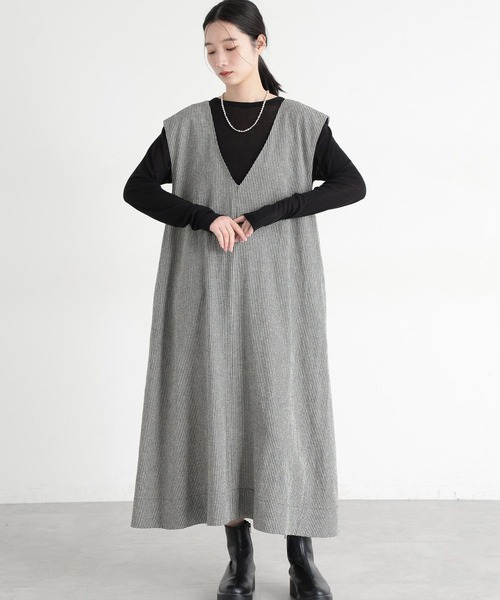 studio CLIP（スタディオクリップ）の「《natural by clip》LRフレアジャンパースカート[プチサイズあり]（ジャンパースカート・レディース・ブラック/ベージュ/チェック・PF/FREE）」の6枚目の写真