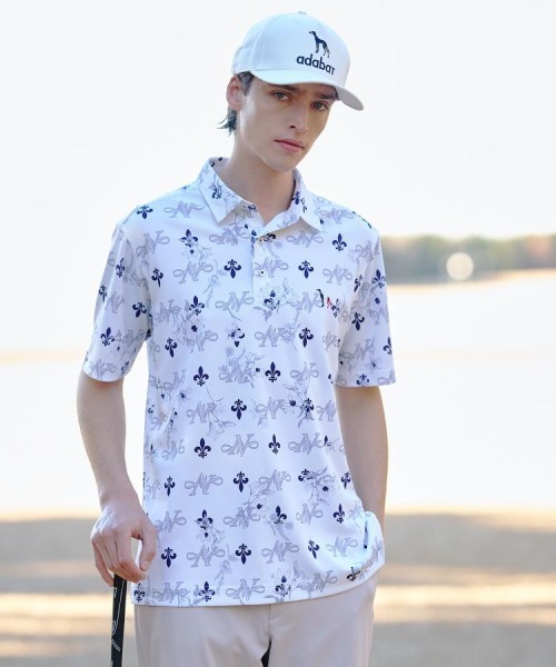 adabat(アダバット)の「【ADABAT NAVY】吸水速乾/UVカット ロゴモノグラム半袖ポロシャツ(ポロシャツ・メンズ・ベージュ系/ホワイト系1/ネイビー系・50/48/52/46)」の1枚目の写真