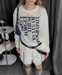 【シアーロンT】レタリングオーバーシアートップス / スラブ ロゴT ロゴロンT 長袖 クルーネック シースルー 透け感 レタリング フロントデザイン 海外ガール ストレッチ ルーズ メッシュ カジュアル ホワイト ブラック ストリート プリント