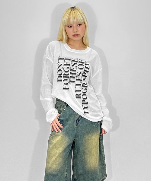 レタリングオーバーシアートップス /【ロングTシャツ】 長袖 クルー