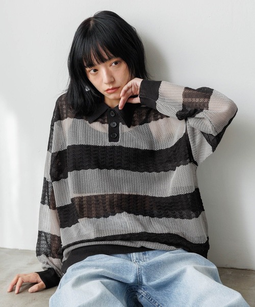 PBLIM（ページボーイリム）の「《UNISEX》ボーダーメッシュポロ（ポロシャツ・レディース・グレー系その他/ピンク系その他/ブルー系その他・FREE）」の2枚目の写真