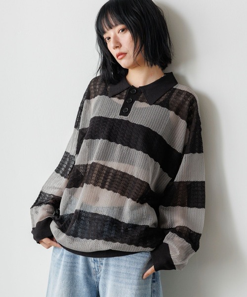 PBLIM（ページボーイリム）の「《UNISEX》ボーダーメッシュポロ（ポロシャツ・レディース・グレー系その他/ピンク系その他/ブルー系その他・FREE）」の4枚目の写真
