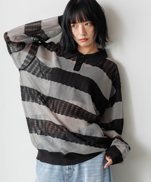 PBLIM（ページボーイリム）の「《UNISEX》ボーダーメッシュポロ（ポロシャツ・レディース・グレー系その他/ピンク系その他/ブルー系その他・FREE）」の5枚目の写真