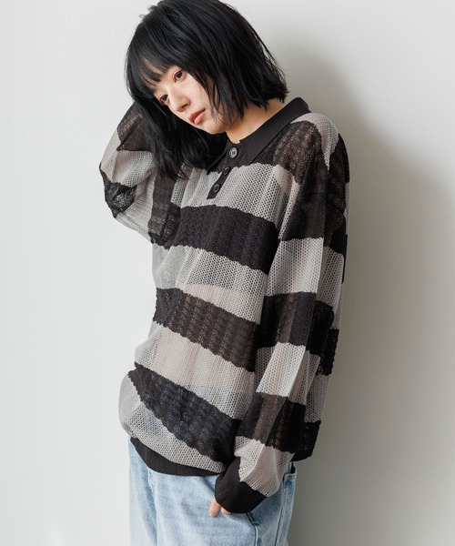 PBLIM（ページボーイリム）の「《UNISEX》ボーダーメッシュポロ（ポロシャツ・レディース・グレー系その他/ピンク系その他/ブルー系その他・FREE）」の6枚目の写真