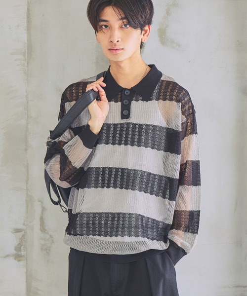 POSH BOY　ポッシュボーイ　ポロシャツ　ボーダー　カットソー　襟付き UNISEX》ボーダーメッシュポロシャツ ボーダーニット / 襟トップス
