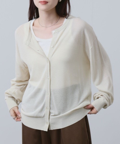 NAVY(ネイビー)の「NAVY シアーニットクルーネックカーディガン(カーディガン/ボレロ・レディース・ホワイト/サックスブルー/ブラック/ベージュ・FREE)」の1枚目の写真