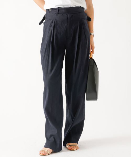 DESIGNWORKS(デザインワークス)の「【セットアップ対応】リネンストレッチタックワイドパンツ(その他パンツ・レディース・ベージュ/ネイビー・38/36)」の1枚目の写真