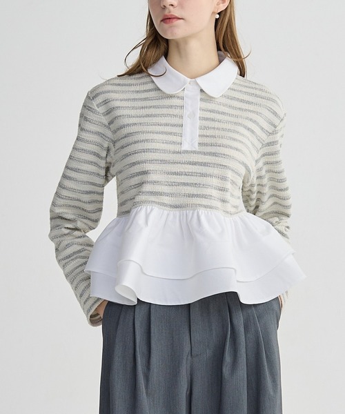 BIRTHDAY BASH(バースデイバッシュ)の「BORDER POLO DOUBLE FRILL TOPS(Tシャツ/カットソー・レディース・グレー/ブラック/サックスブルー/ピンク・FREE)」の3枚目の写真