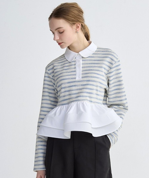 BIRTHDAY BASH(バースデイバッシュ)の「BORDER POLO DOUBLE FRILL TOPS(Tシャツ/カットソー・レディース・グレー/ブラック/サックスブルー/ピンク・FREE)」の4枚目の写真