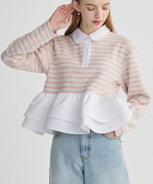BIRTHDAY BASH(バースデイバッシュ)の「BORDER POLO DOUBLE FRILL TOPS(Tシャツ/カットソー・レディース・グレー/ブラック/サックスブルー/ピンク・FREE)」の1枚目の写真