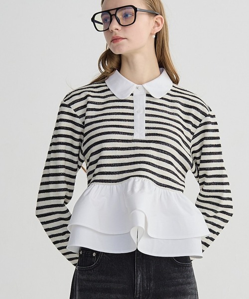 BIRTHDAY BASH(バースデイバッシュ)の「BORDER POLO DOUBLE FRILL TOPS(Tシャツ/カットソー・レディース・グレー/ブラック/サックスブルー/ピンク・FREE)」の2枚目の写真
