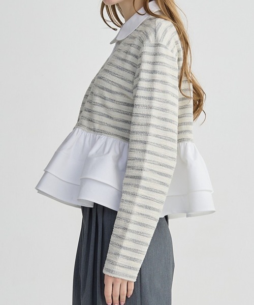 BIRTHDAY BASH(バースデイバッシュ)の「BORDER POLO DOUBLE FRILL TOPS(Tシャツ/カットソー・レディース・グレー/ブラック/サックスブルー/ピンク・FREE)」の6枚目の写真
