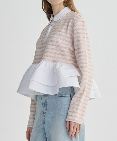 BIRTHDAY BASH(バースデイバッシュ)の「BORDER POLO DOUBLE FRILL TOPS(Tシャツ/カットソー・レディース・グレー/ブラック/サックスブルー/ピンク・FREE)」の5枚目の写真