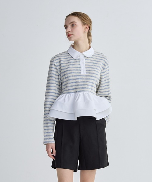BIRTHDAY BASH(バースデイバッシュ)の「BORDER POLO DOUBLE FRILL TOPS(Tシャツ/カットソー・レディース・グレー/ブラック/サックスブルー/ピンク・FREE)」の8枚目の写真