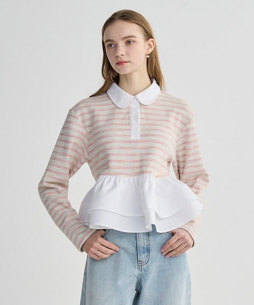 BIRTHDAY BASH(バースデイバッシュ)の「BORDER POLO DOUBLE FRILL TOPS(Tシャツ/カットソー・レディース・グレー/ブラック/サックスブルー/ピンク・FREE)」の13枚目の写真