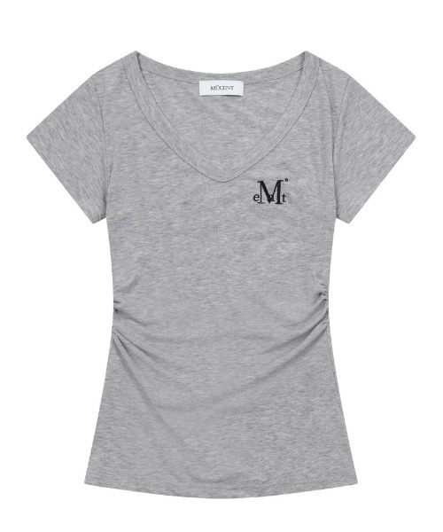 MUCENT（ムセント）の「A'GEM/9 × .kom 『MUCENT/ムセント』YATI SIDE SHIRRING V-NECK HALF TEE/バグースカモロゴクロップ半袖Tシャツ（Tシャツ/カットソー・レディース・ホワイト/ブラック/チャコールグレー/グレー・FREE）」の4枚目の写真