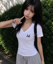 A'GEM/9 × .kom 『MUCENT/ムセント』YATI SIDE SHIRRING V-NECK HALF TEE/バグースカモロゴクロップ半袖Tシャツ