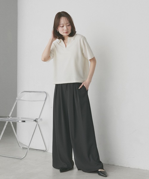 ad thie(アドティエ)の「ベーシック ハーフスリーブ スキッパーシャツ(ポロシャツ・レディース・グレイッシュベージュ/ネイビー/アイボリー/ブラウン/ピンク/ライトブルー/チャコール・FREE)」の13枚目の写真