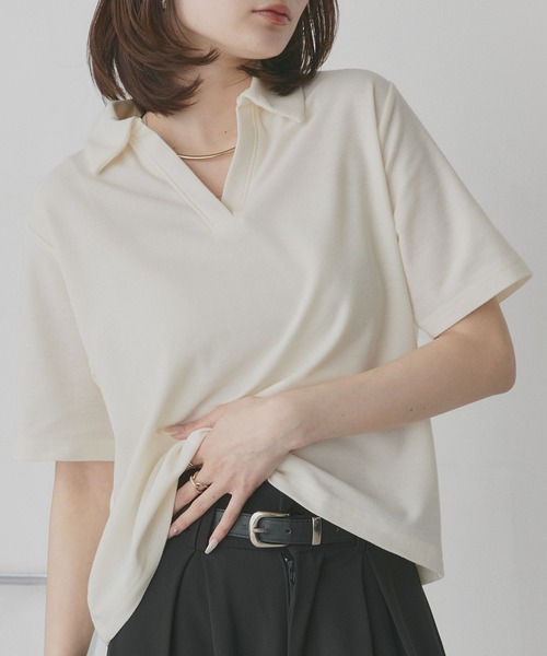 ad thie(アドティエ)の「ベーシック ハーフスリーブ スキッパーシャツ(ポロシャツ・レディース・グレイッシュベージュ/ネイビー/アイボリー/ブラウン/ピンク/ライトブルー/チャコール・FREE)」の15枚目の写真