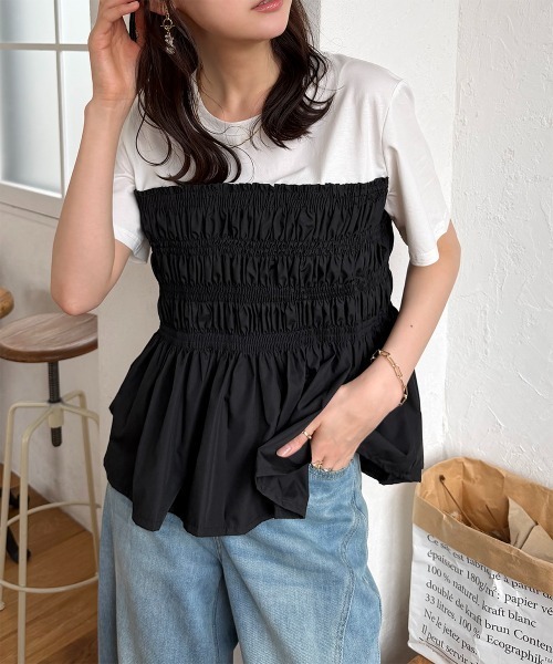 Rejoule(リジュール)の「レイヤード風 シャーリングドッキング半袖プルオーバー(Tシャツ/カットソー・レディース・ホワイト/ブラック/グレー・FREE)」の16枚目の写真