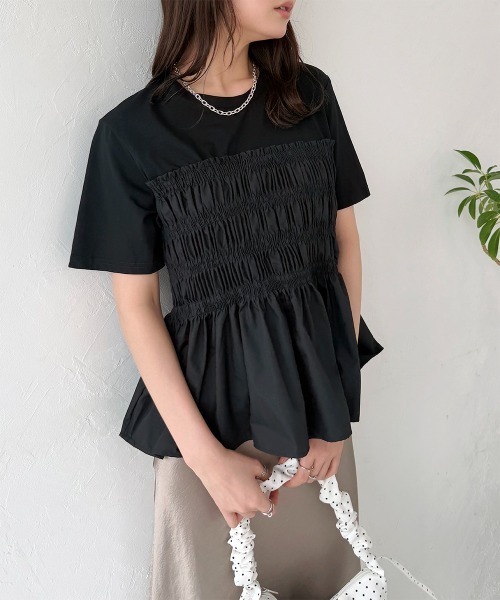 Rejoule(リジュール)の「レイヤード風 シャーリングドッキング半袖プルオーバー(Tシャツ/カットソー・レディース・ホワイト/ブラック/グレー・FREE)」の18枚目の写真