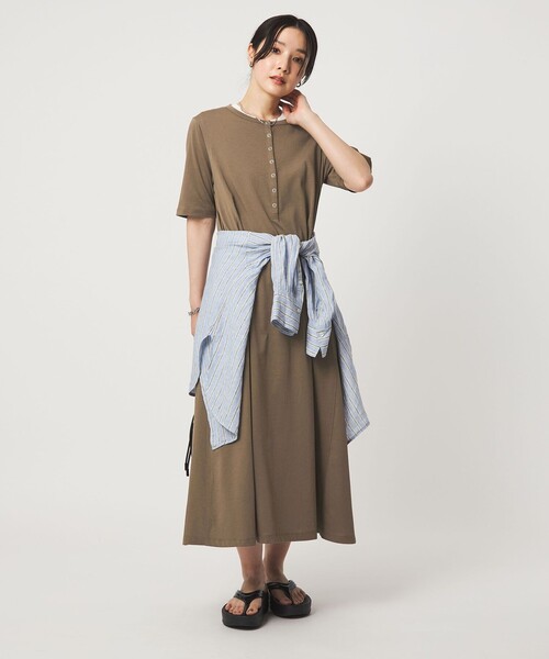 green label relaxing(グリーンレーベルリラクシング)の「【WEB限定】<at ease>ヘンリーネック カットソー ワンピース(ワンピース・レディース・ダークグレー/モカ・FREE)」の4枚目の写真
