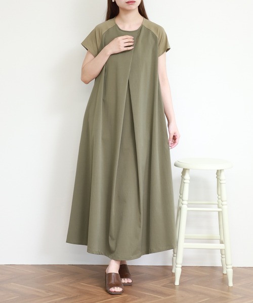 EGLANTINE(エグランティーヌ)の「EGLANTINE 異素材切り替えラグランワンピース 半袖(ワンピース・レディース・サンドベージュ/カーキ/ブラック・38)」の19枚目の写真